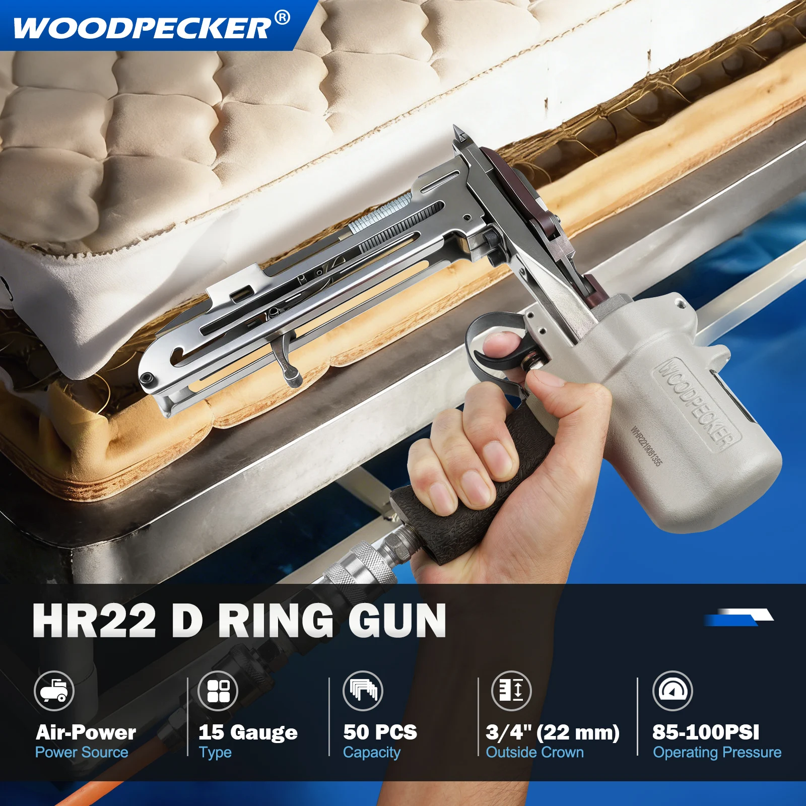 WOODPECKER HR22 15 Gauge D-Ring-Pistole für den Anschluss von Netzen und Stoffkanten, Herstellung von Federkern-Sofas