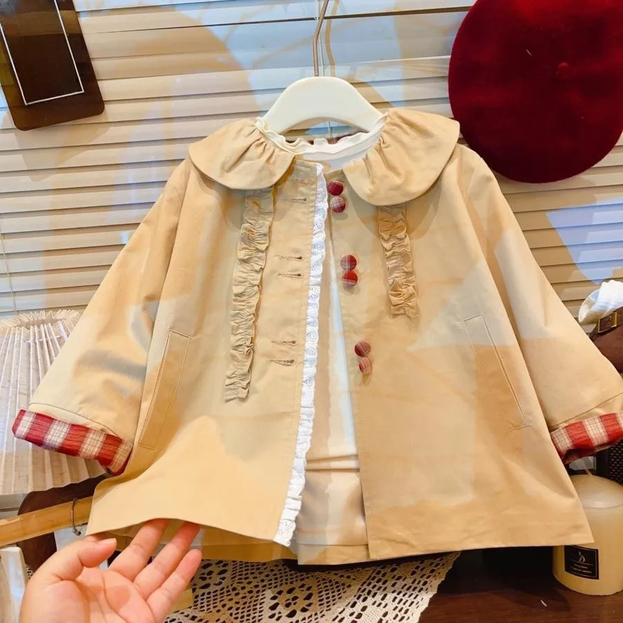 

Spring and Autumn Girls' Coat New Children's Doll Collar Windbreaker Medium Long Style Girls' Fashionable Jacket