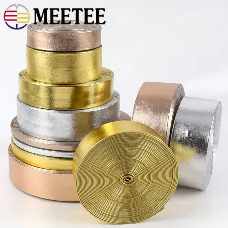 Meetee 5M 5-50mm Width Synthetic PU Leather Ribbon Gold Silver Bag Cords DIY Clothing Jewelry Decor Bows Band Necklace Material