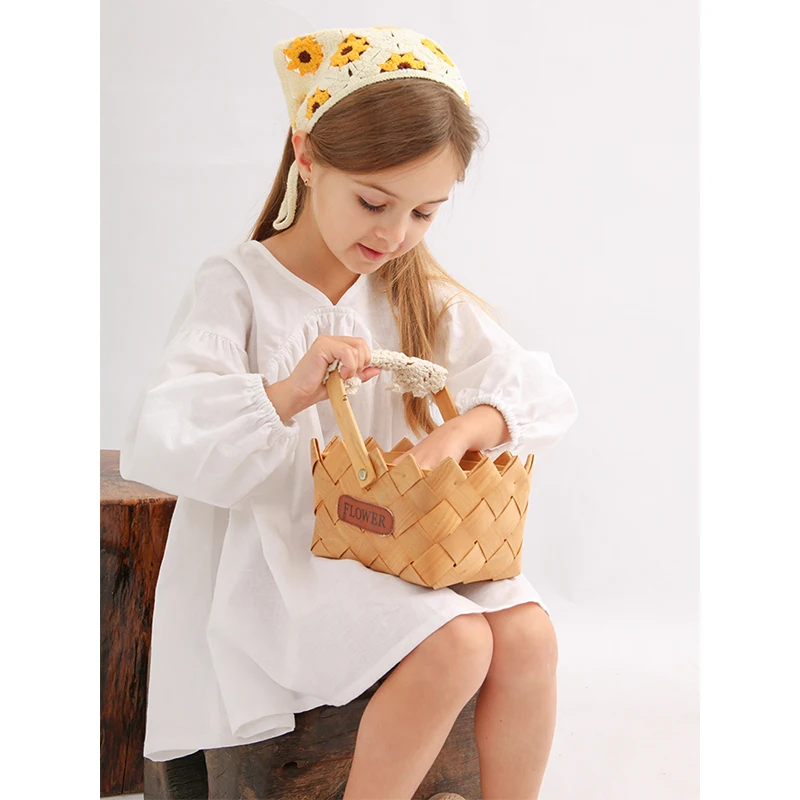 Girls White Cotton And Linen Dress Spring New Baby Girl V-Neck Casual Loose Linen Long-Sleeved A-Line Dress Doll Princess Dresse