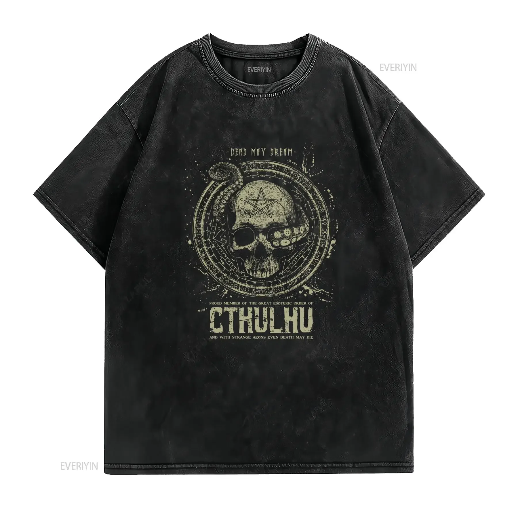 Gothic Vintage Cthulhu Skull Pentagram Occult Print Casual T Shirt vintage Washed Unisex homme Comfortable Breathable Stylish