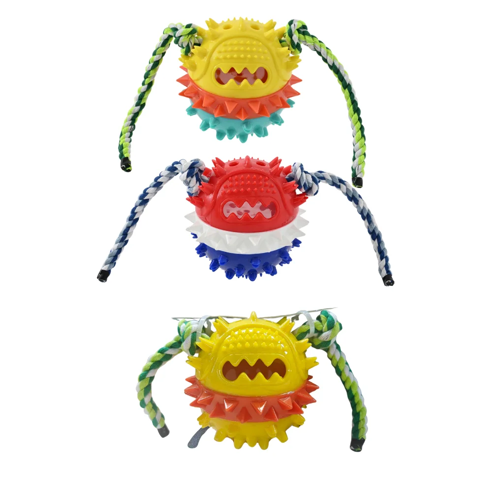 1212PCS/Carton TPR Treat Dispensing Dog Chew Ball with Cotton Rope Squeaky Dental Cleaning Tug Toy Interactive Pet Toy 3 Colors Mixed Wholesale