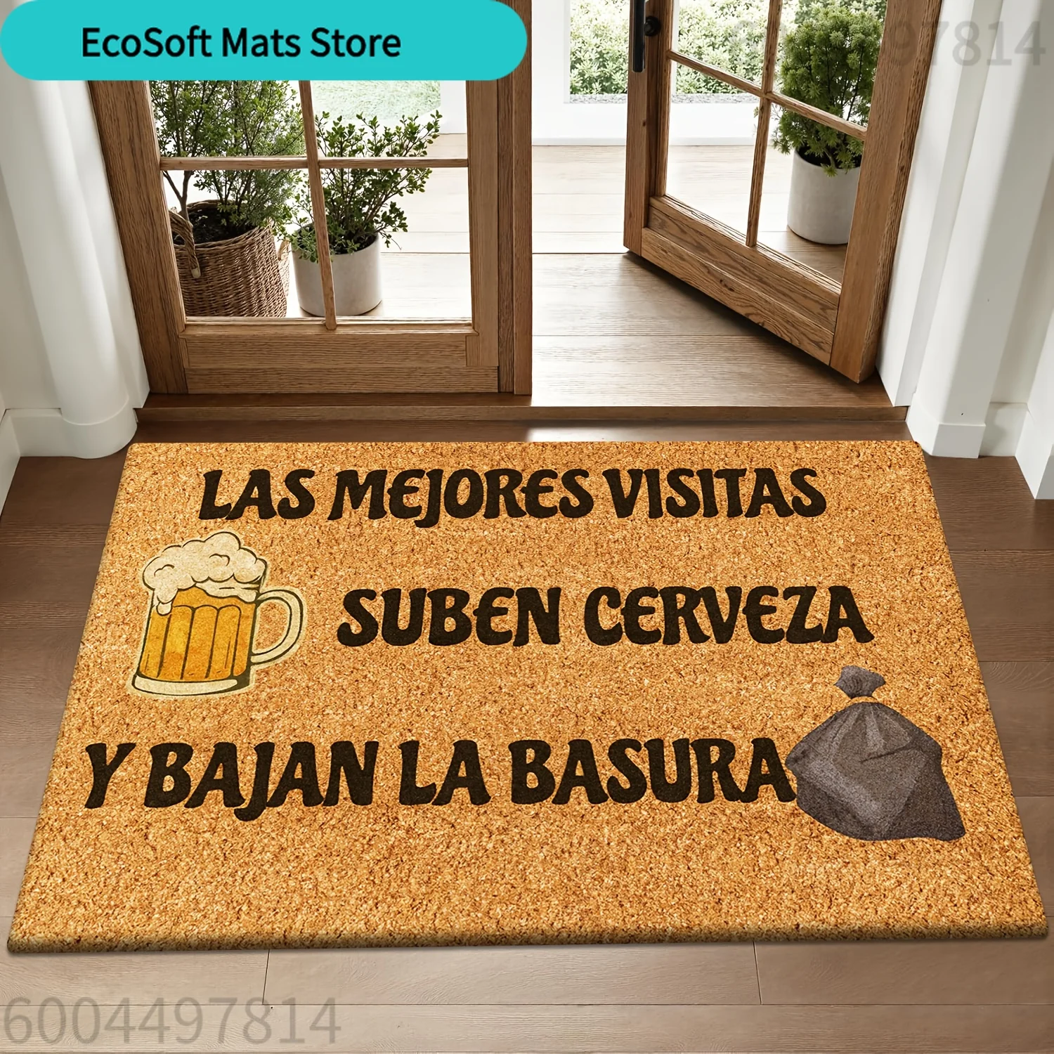 Product [Flannel + 1cm Thick Sponge Material] Funny Doormat | Features a Beer Mug and Trash Bag Print on a Brown Background wi