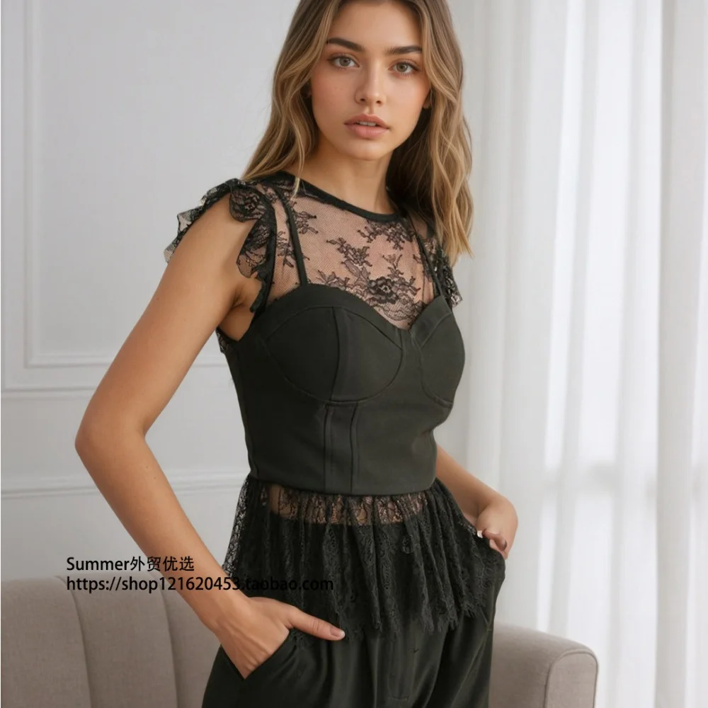 Fashion Simple Sexy Lace Spliced Round Neck Sleeveless Top For Women Daily Versatile Semi Perspective Fasle Two-piece Top