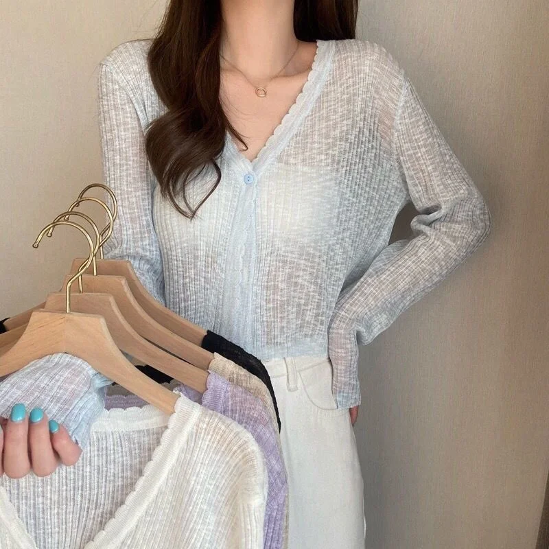 Summer Pastel Crop Cardigan For Women Long Sleeve Button Front Lightweight Knitted Cardigan Jacket Top Teen-girl Basic Outfit