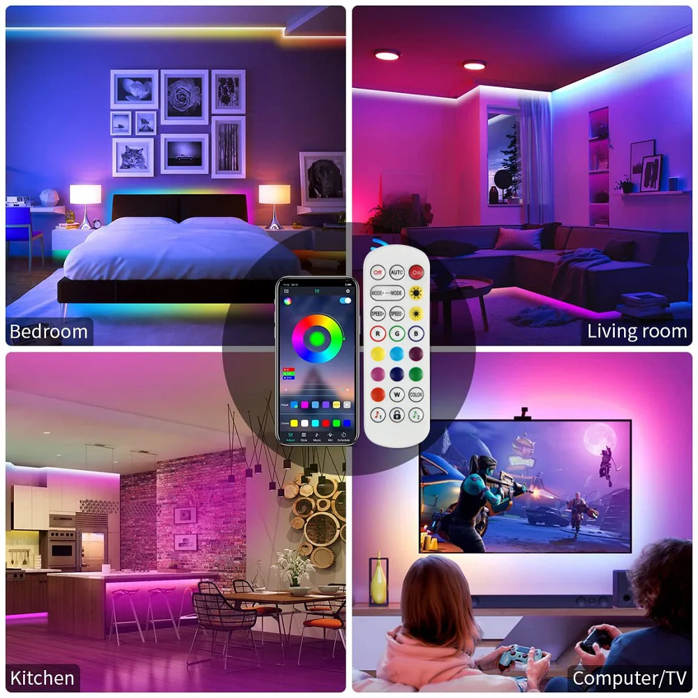Bluetooth RGB LED Strip Light, Diode Ribbon for Room, TV Backlight, Neon Lamp, Christmas Lighting String, USB Tape, 5050