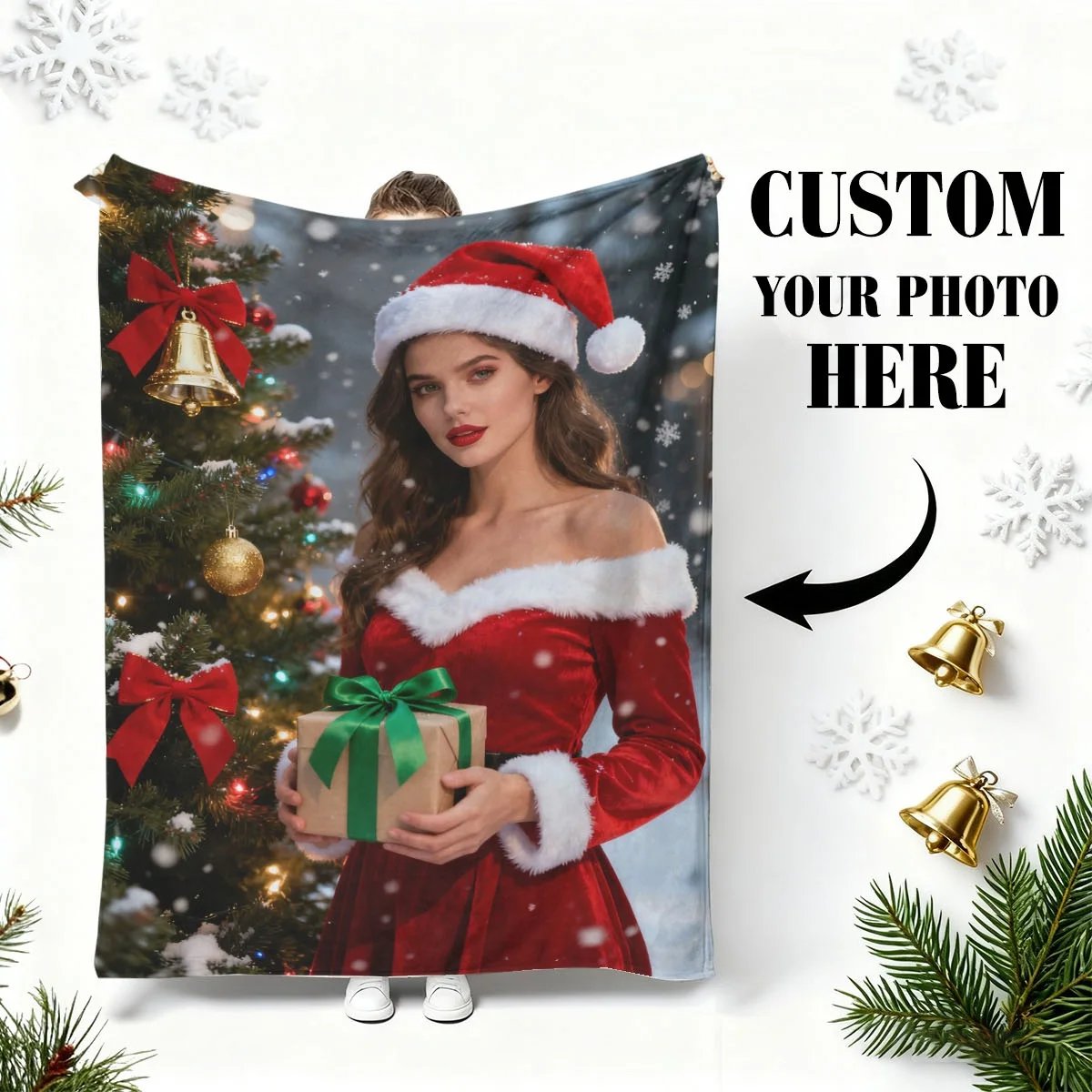 1 individuelle Weihnachts-Paar-Foto-Flanelldecke – hochauflösender Druck, das nicht verblasst, weich und hautfreundlich, maschinenwaschbar, geeignet für Schlafzimmerbetten, Schauen auf dem Sofa,