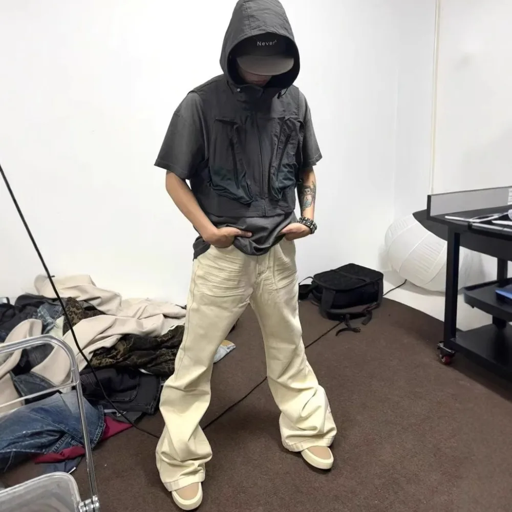 Calça jeans escura estilo ro de rua alta masculina, alta elasticidade, esfregão de chão, bege, chifre escovado, calças justas e largas