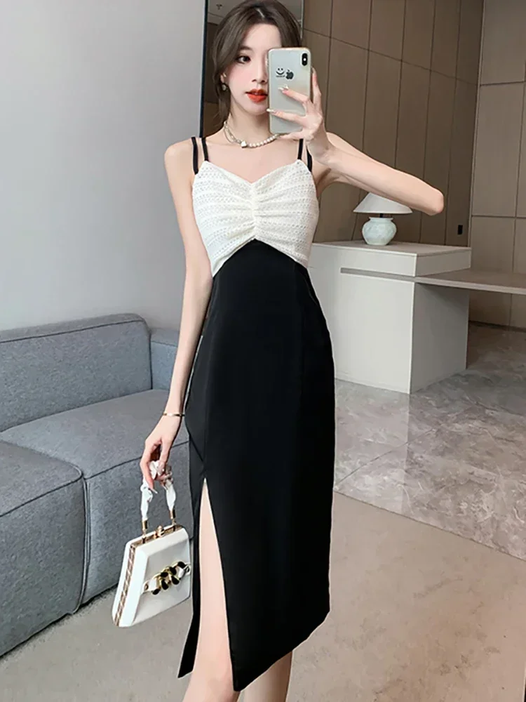 

2025 Chic Backless Sexy Party Evening Dresses Summer Black Patchwork White Jacquard Sling Dress Women Elegant Casual Long Dress