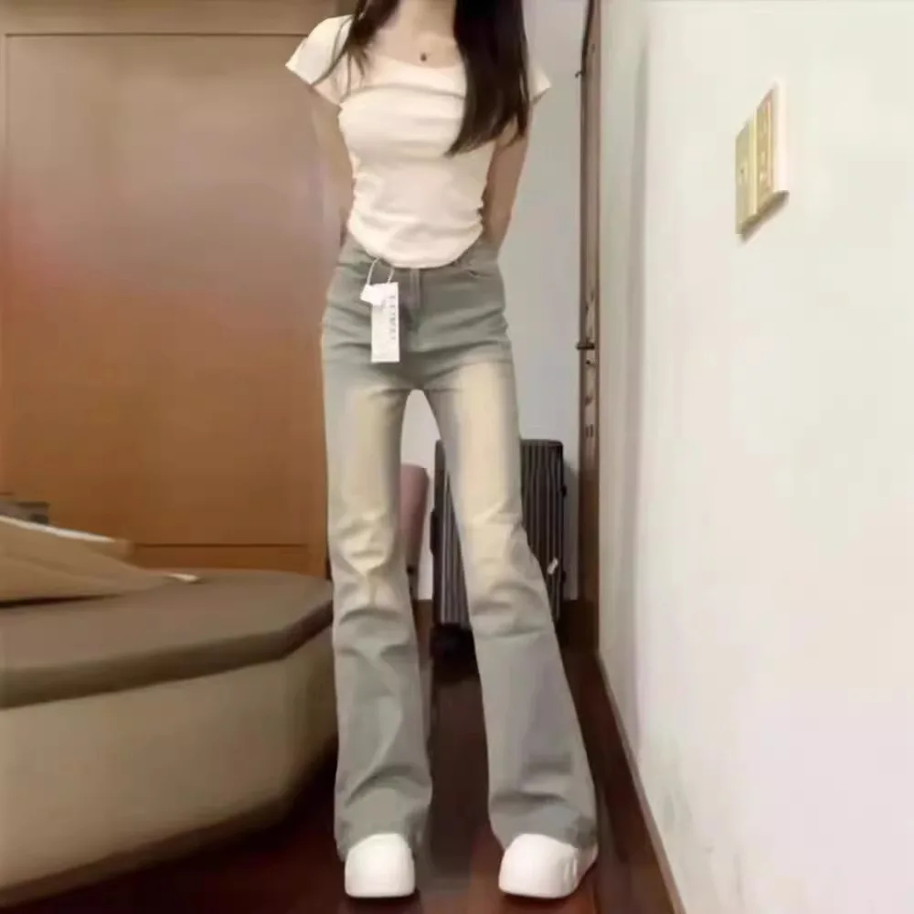 جينز نسائي كوري عالي الخصر متوهج سروال نسائي عالي الشارع Y2k 2000s بنطلون جرس سفلي من قماش الدنيم الأصفر #3