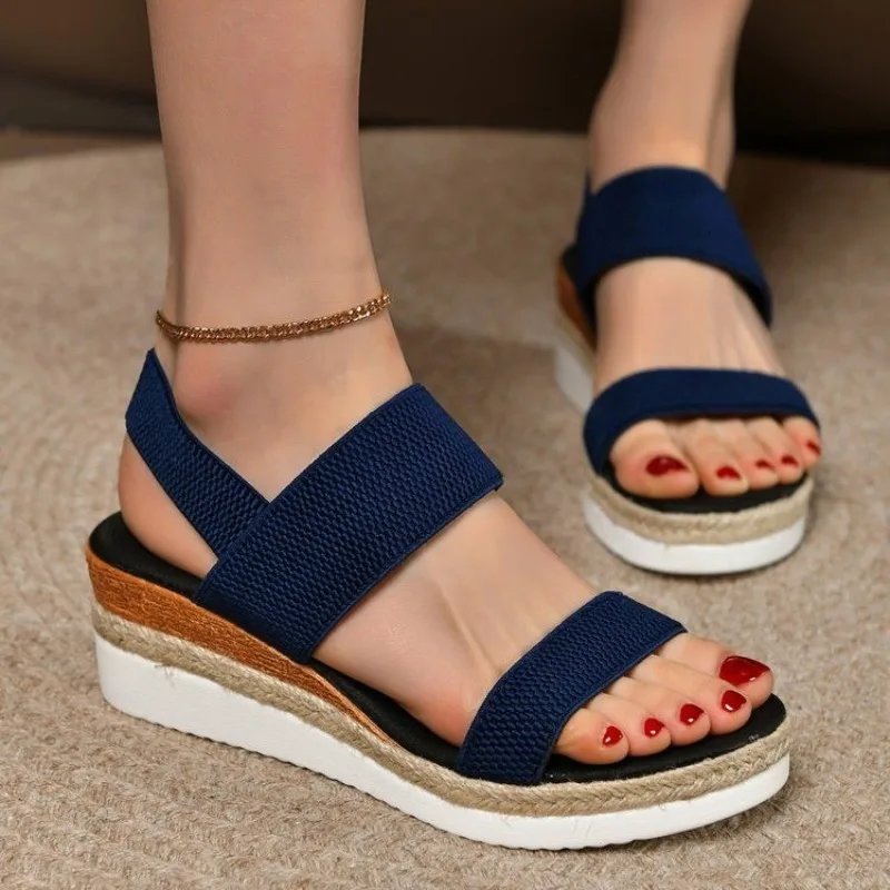 New Women's Shoes Elastic Band Women's Sandals Summer Open Toe Solid Color Wedge Beach Shoes Ladies Platform Sandals