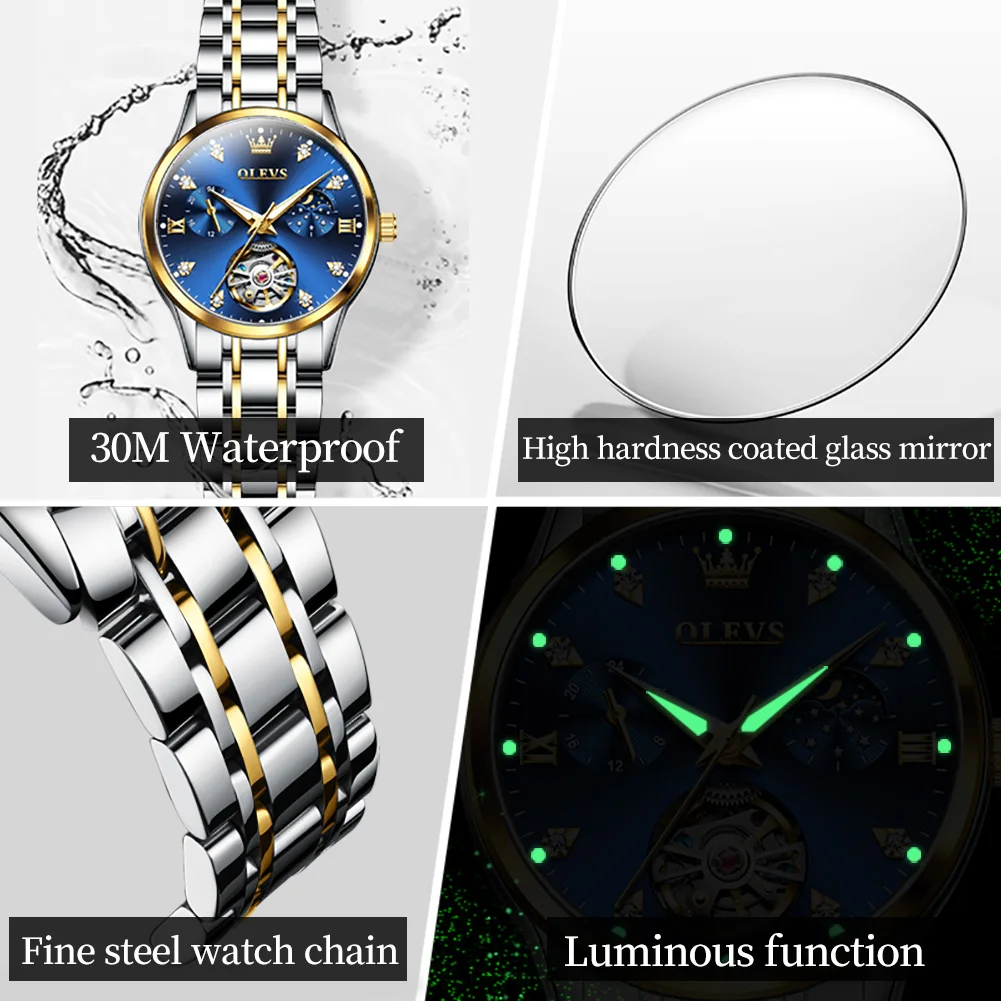 OLEVS Elegant Women\'s Watches Automatic Mechanical Watch for Ladies Moon phase Waterproof Diamond Watch Women Luxury Brand