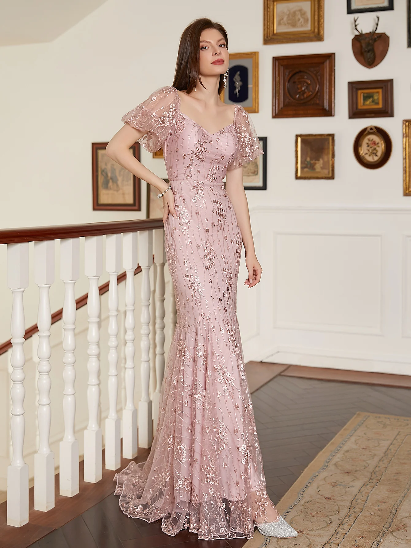 Elegante Roze V-Hals Lange Mouw Stretch Lovertjes Maxi Zeemeermin Jurk