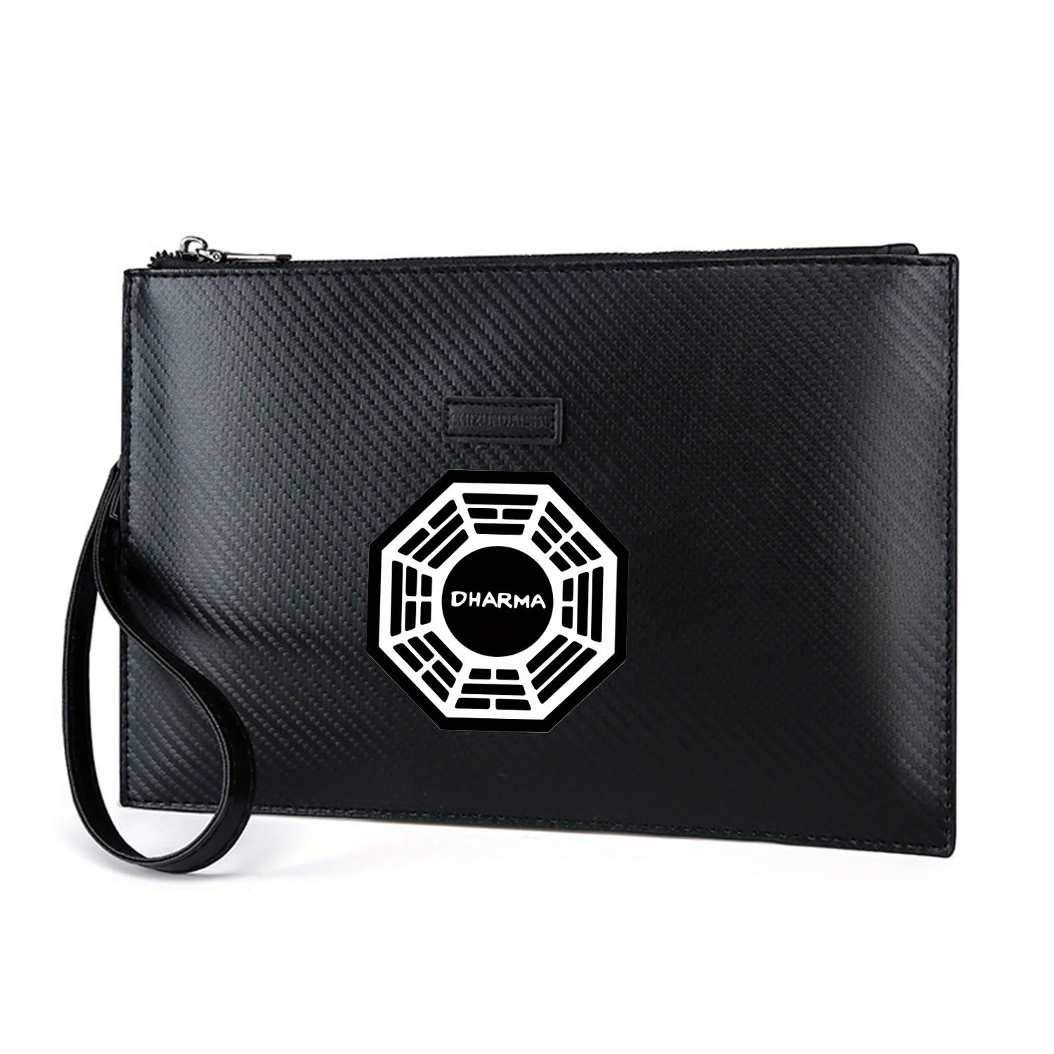 Octagon shape design,black circle,white words Elegant Printed PU Men's Handbag Fashionable and Practical for Everyday Carry