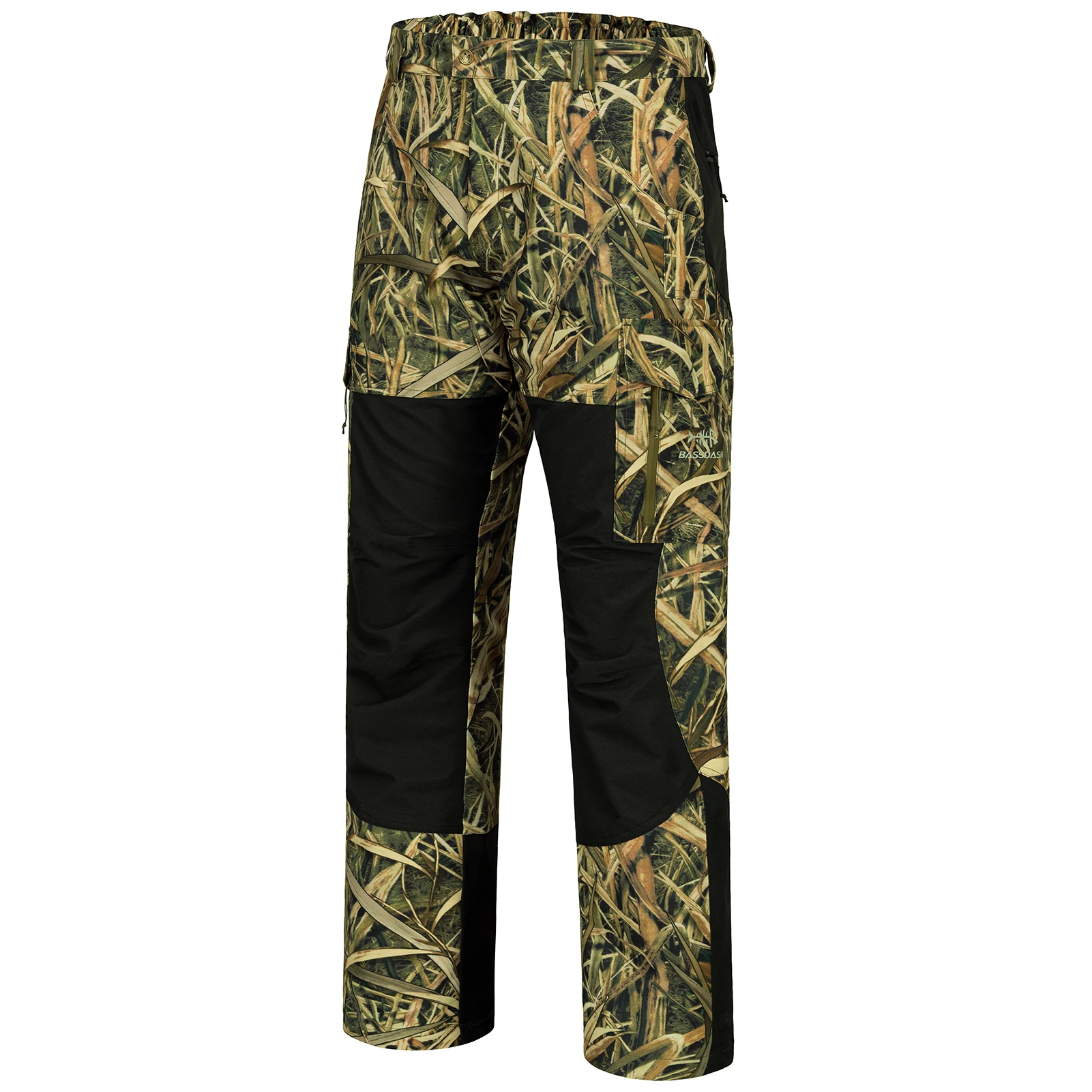 BASSDASH Spliced Men Hunting Pants Waterproof Reeds Printing Trousers Breathable Ripstop Camo Fishing Rain Pants