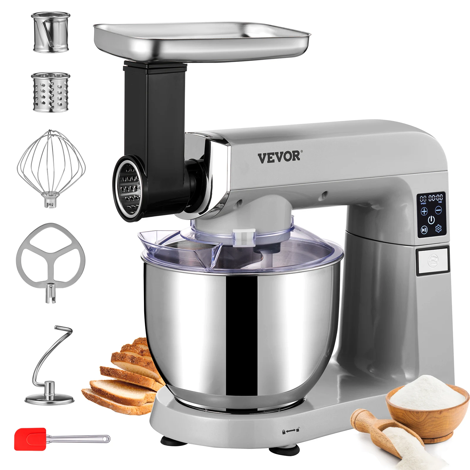 VEVOR 6 IN 1 Stand Mixer,450W Tilt-Head Multifunctional Electric Mixer with 6 Speeds LCD Screen Timing, 7.4Qt Stainless Bowl