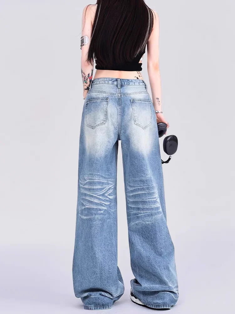 Dames Kat Baard Patroon Wijde Pijpen Rechte Jeans Straat Vintage Cool Girl Hoge Taille Baggy Broek Vrouwelijke Casual Denim Broek