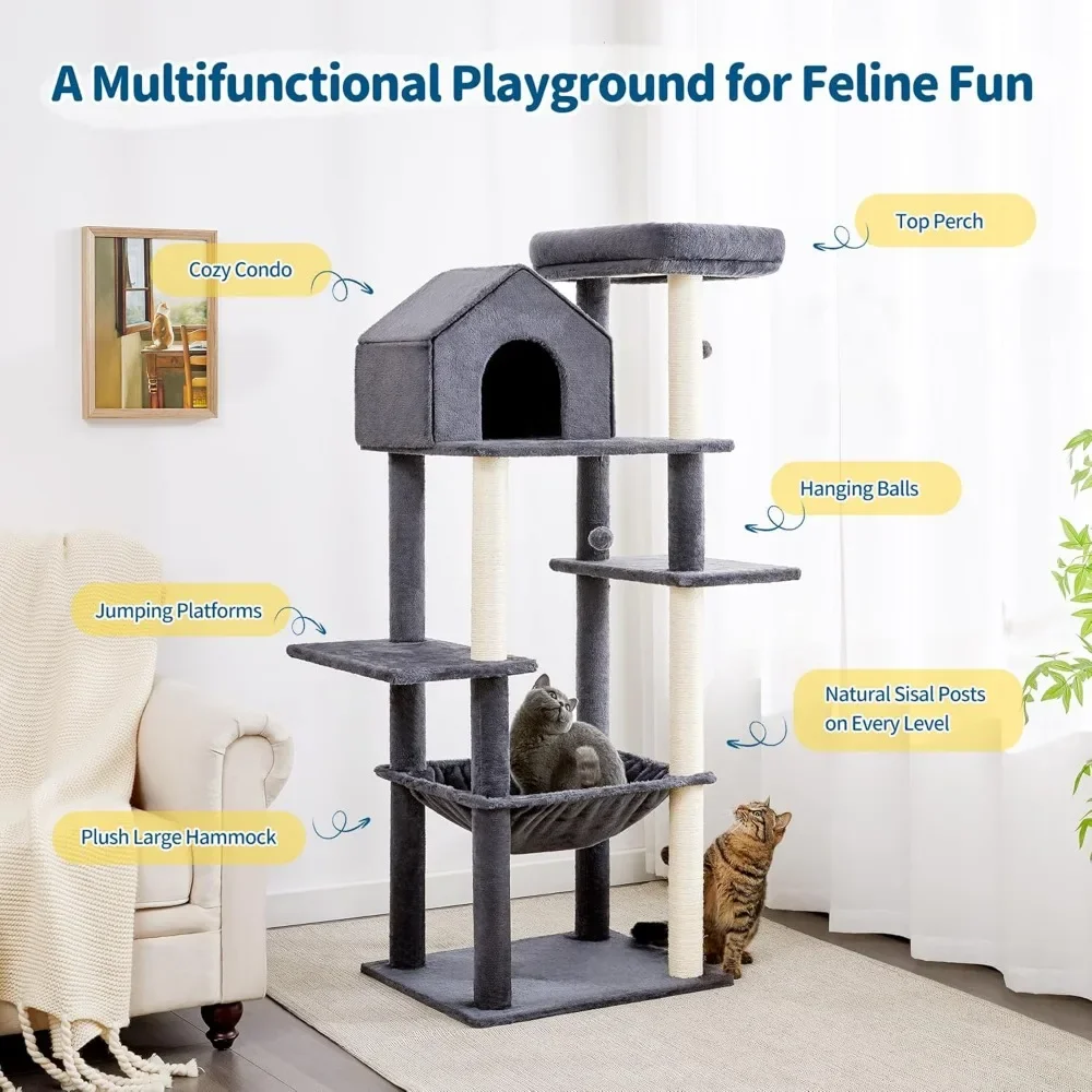 60 Inch Cat Tower For Indoor Cats, Multi-Level Cat Tree With Plush Hammock, Cozy Cat House, Scratching Posts,and 2 Hanging Balls