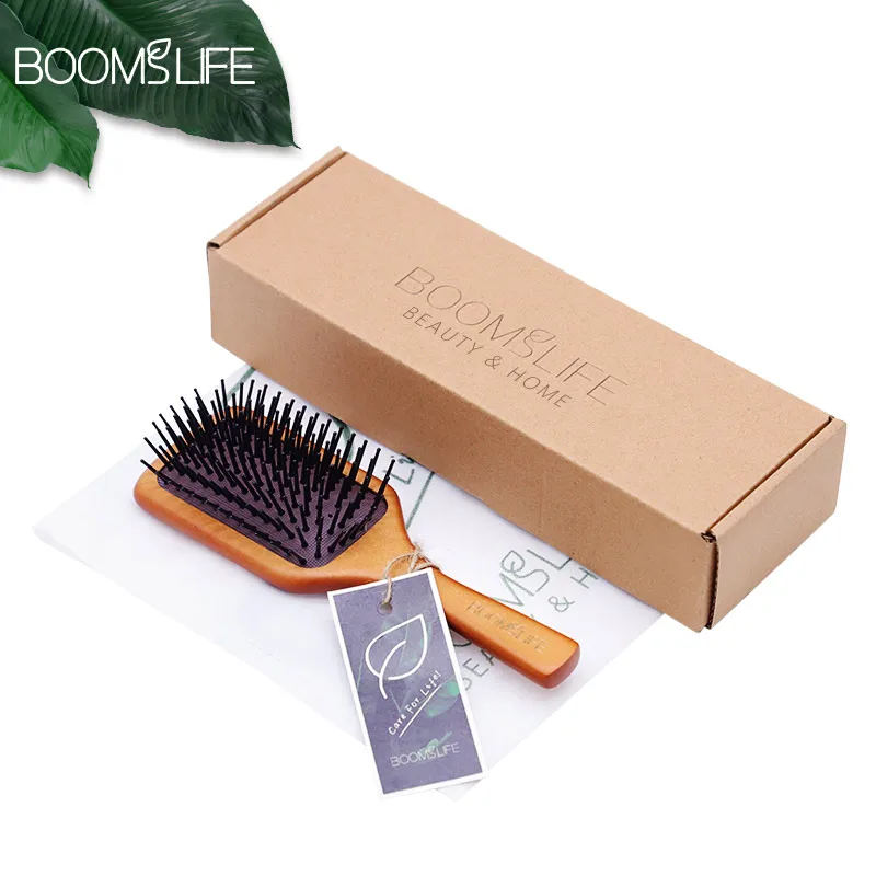 Kare kürek Detangling saç fırçası kadın kafa derisi masaj fırçası geniş diş saç tarağı büyük hava yastığı akçaağaç ahşap HairBrush