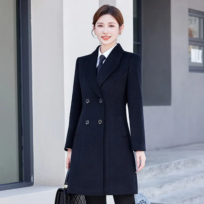 

New black professional wear double-breasted woolen coat medium and long 4S hotel front desk woolen coat work clothes winter