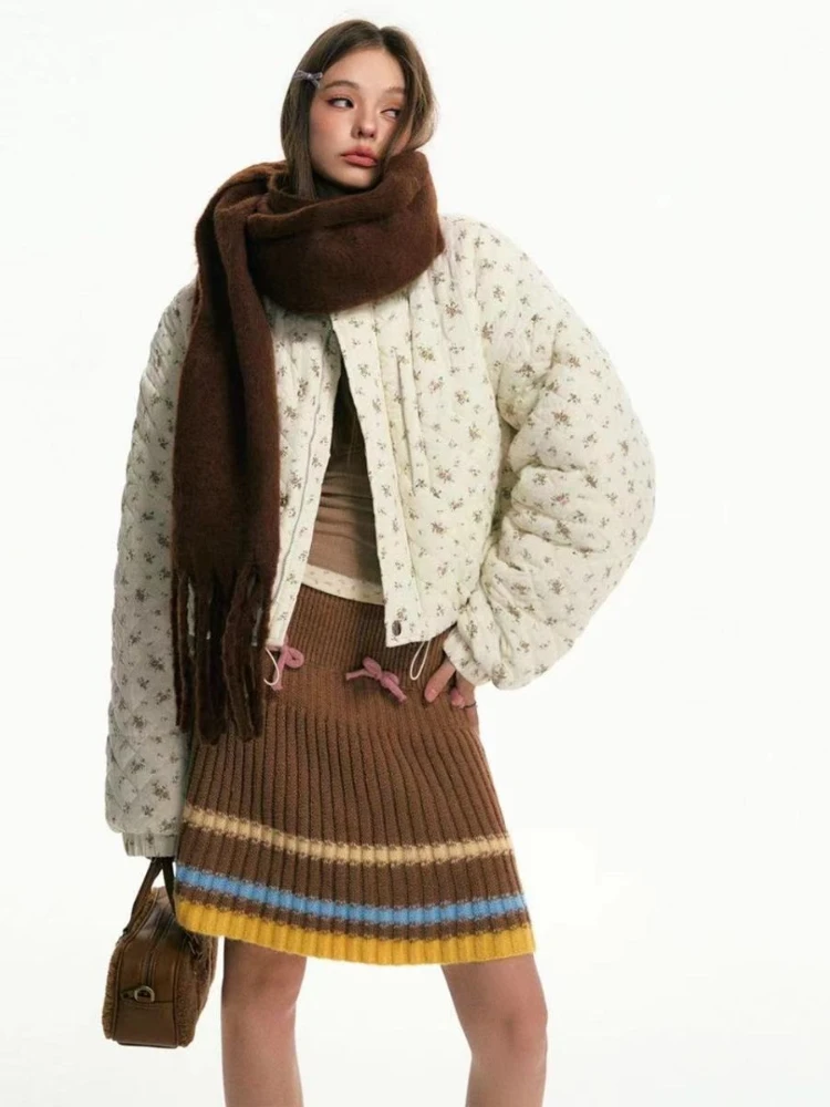 Y2K Aesthetic Brown Ribbed Knit Mini Skirt for Women, Striped Pattern with Pink Bow Autumn Knitting Skirts Lolita Girls Sweet