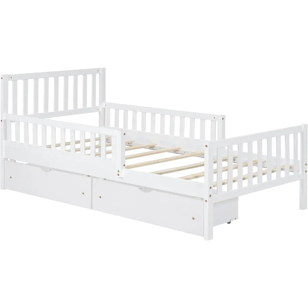 Children\'s bed.Kids Twin Bed with GuardrailsLow Platform Bed with Headboard and Footboard,White Children Bed Frame with2Drawers