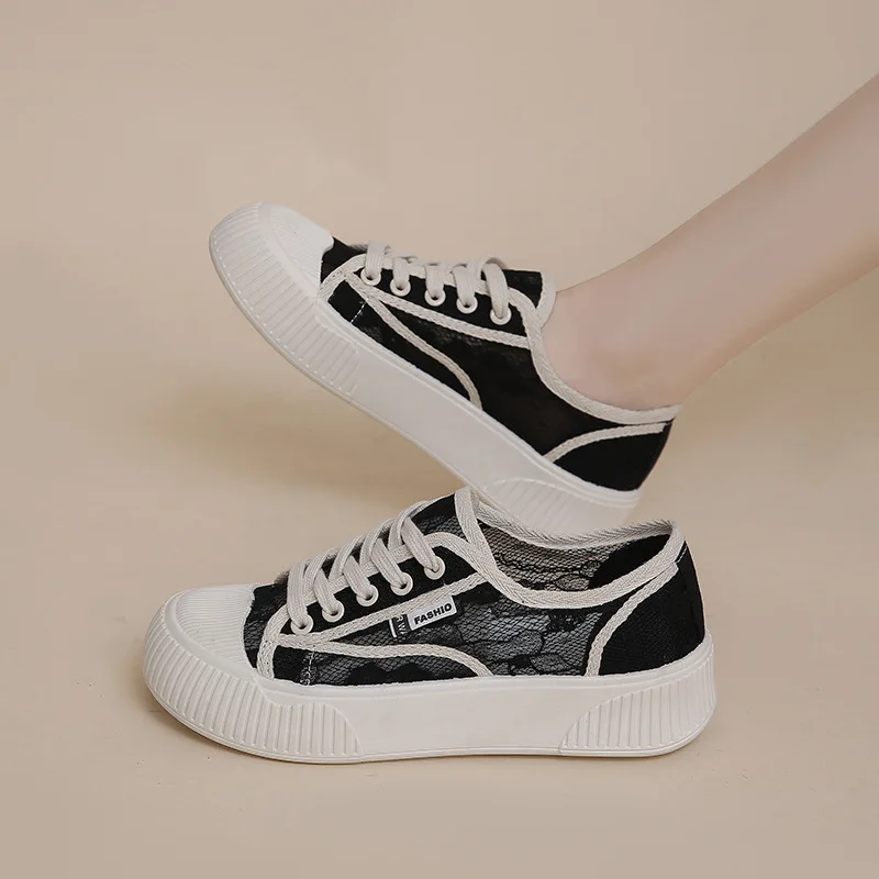 2022 Summer New Lace Mesh Breathable Canvas Shoes Women's Biscuit Shoes Thick Bottom Casual White Shoes Black Beige