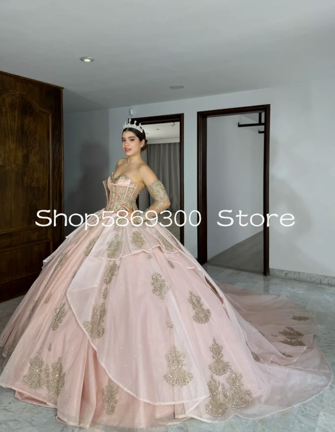 

Розово-розовые блестящие платья принцессы Quinceanera со съемными рукавами и блестящим корсетом в форме сердца, платья de 15 años на заказ