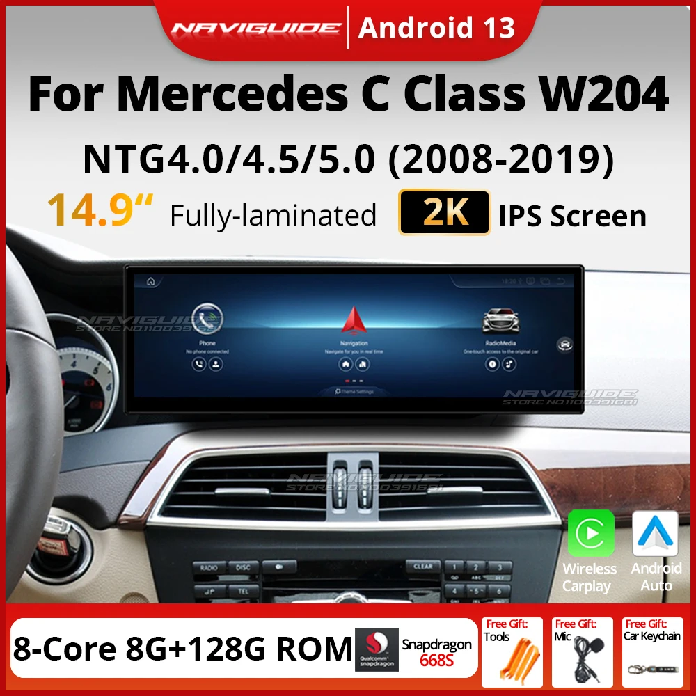 NAVIGUIDE 14.9'' Android 13 Car Radio For Mercedes C Class W204 W205 2007-2018 WiFi 4G Carplay Stereo Multimedia GPS Player BT