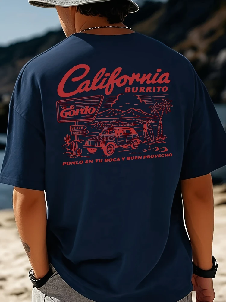 Men's retro pattern-retro car and surf print, breathable 100% cotton summer casual O-neck short-sleeved T-shirt.