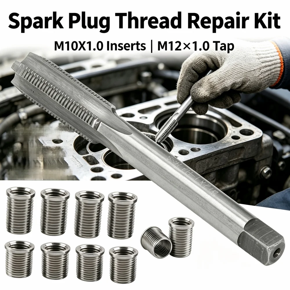 Spark Plug Thread Repair Tool Kit, M10×1.0 Bolt & M12×1.0 Tap,Stainless Steel Thread Sleeves for Automotive Maintenance Repair