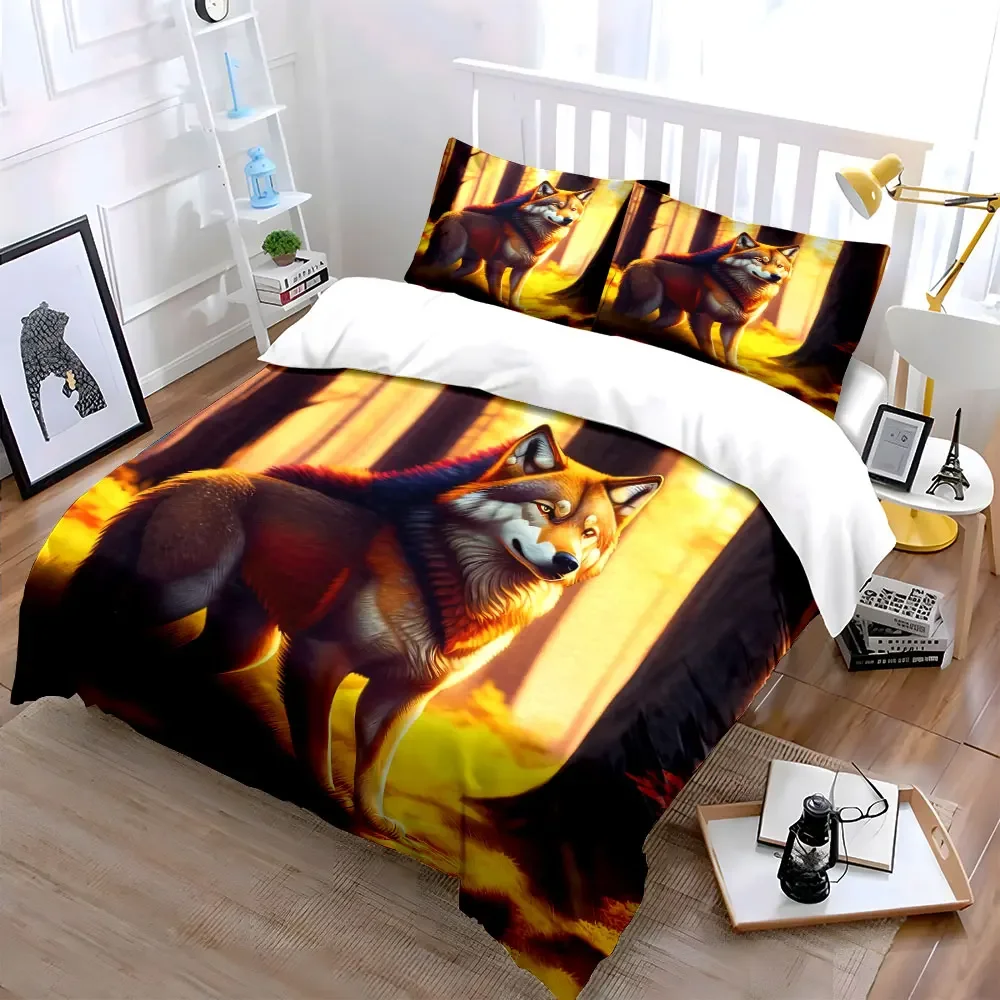 Fantasy Wolf Bedding Set, Majestic Wolf in Golden Sunlight Forest Print Duvet Cover + 2 Pillowcases, Wildlife Art Decor 3Pcs