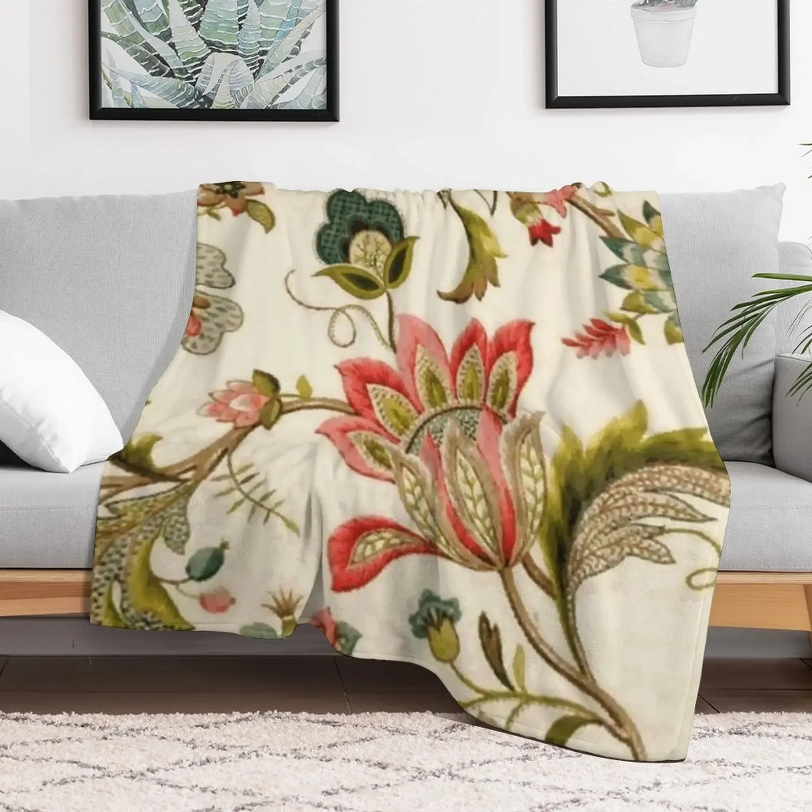 Jacobean Floral Crewel Embroidery Pattern Digital Art Vector Painting Throw Blanket Loose Shaggy Blankets