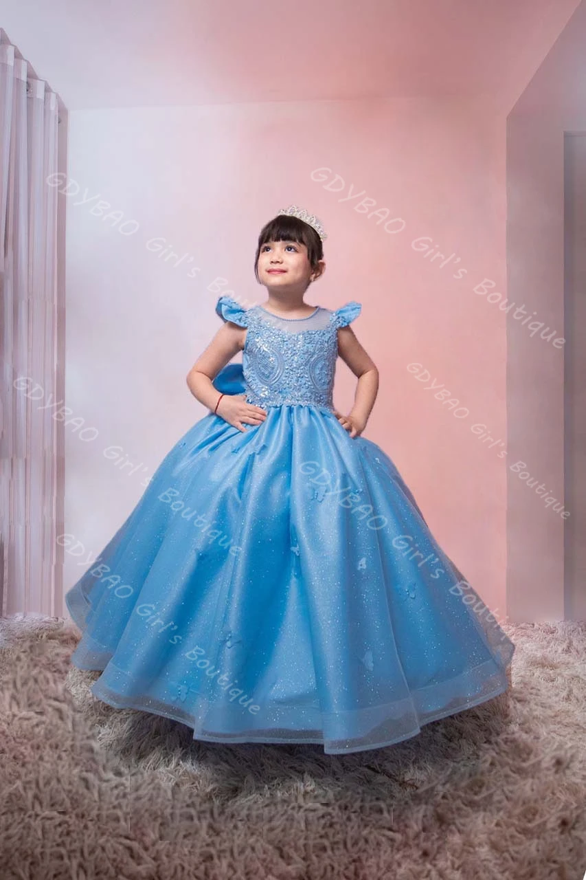 فستان الأميرة للفتيات الأزرق مزين بالخرز من التول فستان فتاة الزهور مع ذيل قابل للانفصال/فيونكة مخصصة للحفلات