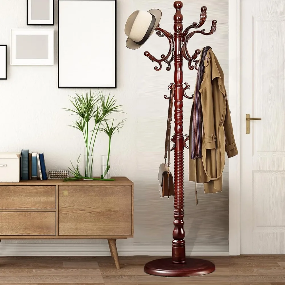 Coat Racks Free Standing with 14 Hooks, Natural Wood Coat Stands for Entryway, Adjustable Height 73 in Tree Coat Rack Stand