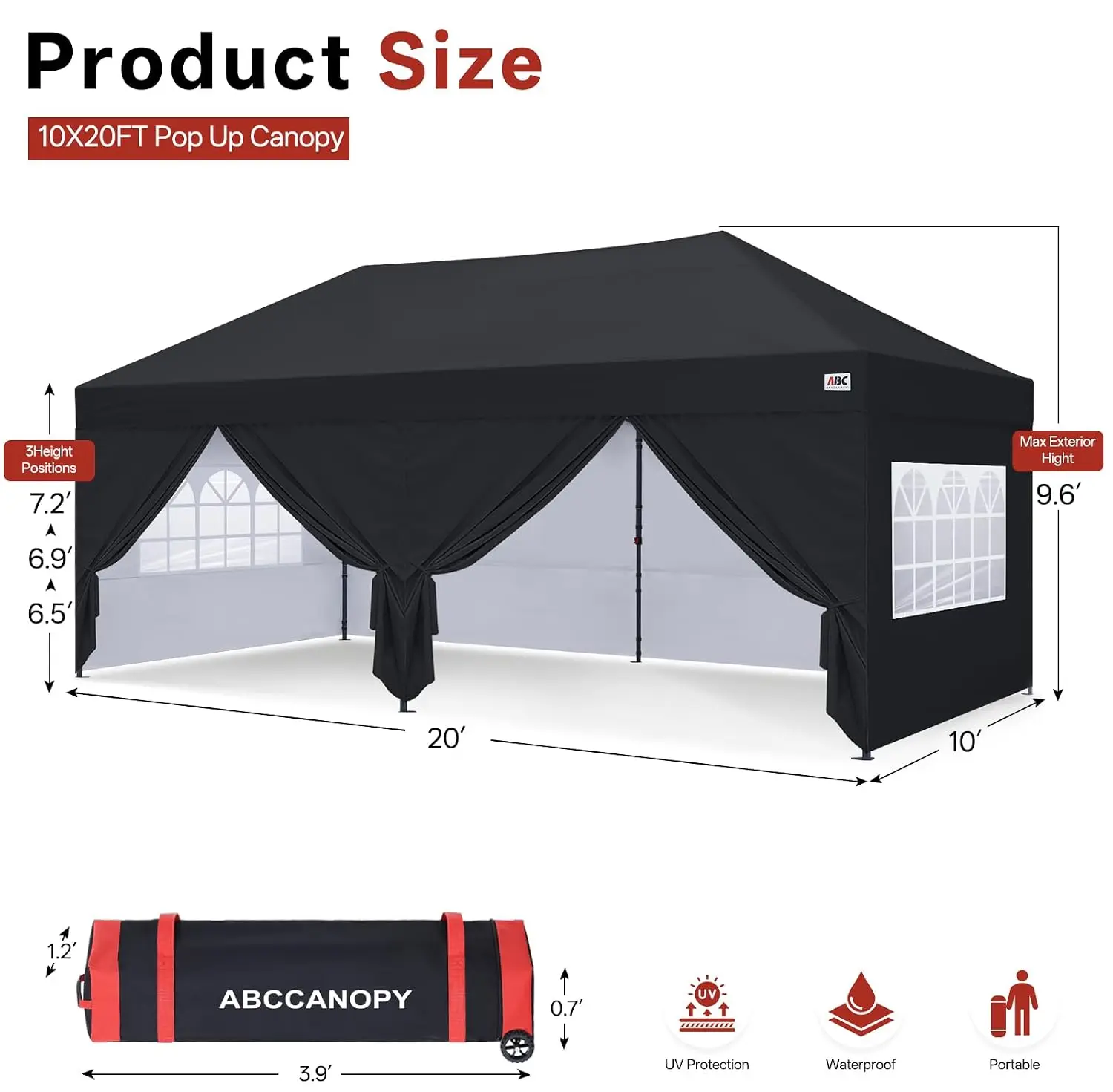 10x20 FT Black Pop Up Canopy Tent with Enclosed Zippered Sidewalls, Portable Outdoor Shelter for Parties, Camping and Events