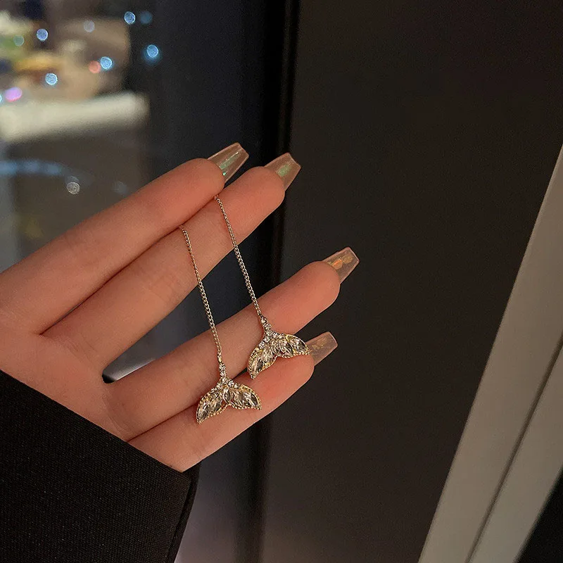 Fashion Long Tassel Ear Line Earrings For Women Korean Temperament Crystal Fish Tail Drop Earrings Girls Daily Party Jewelry