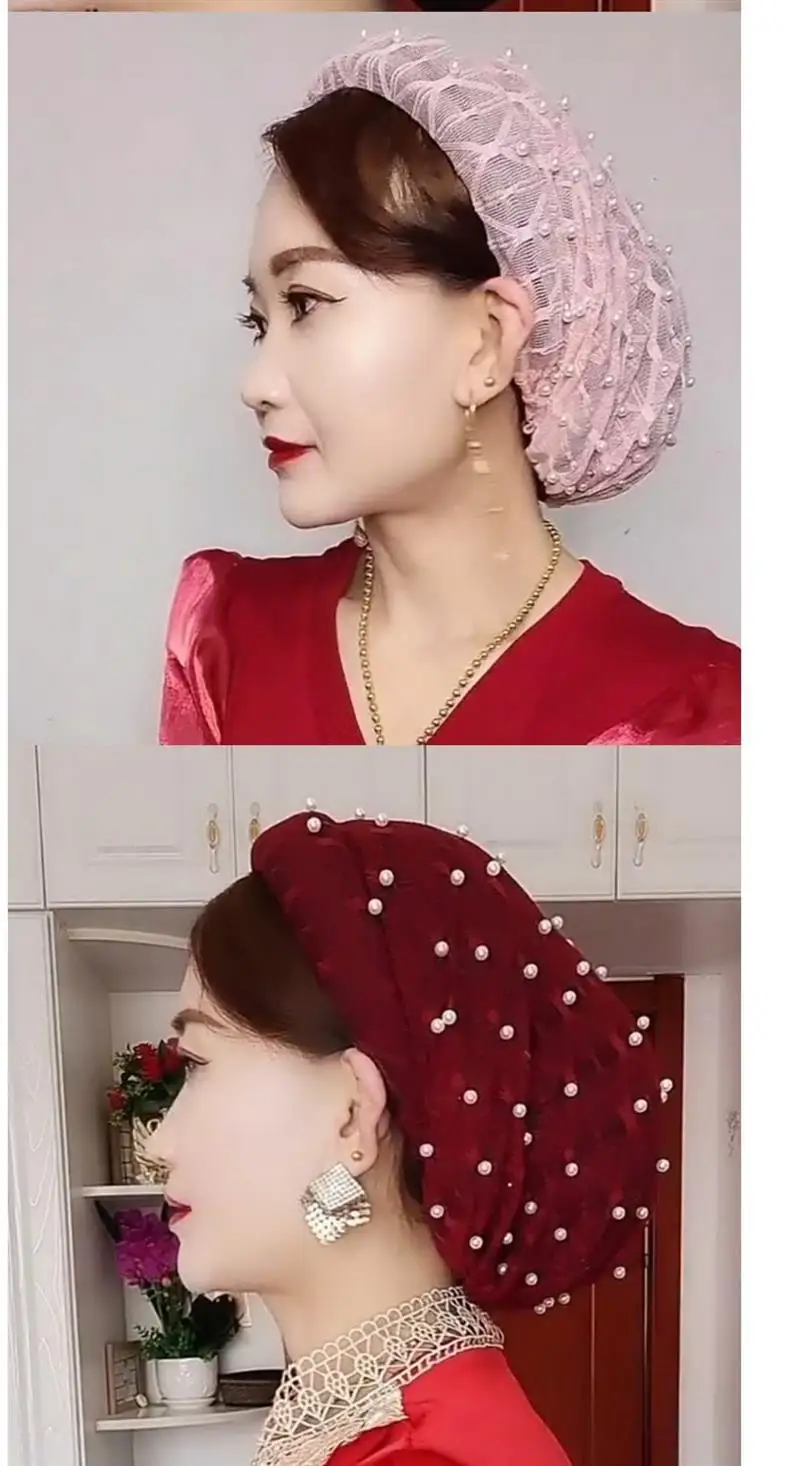 Perle indiane Perline Cappello turbante in pizzo con fascia per capelli per donna Avvolge la testa Fascia Foulard musulmano Cofano femminile Bandane