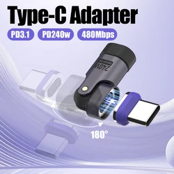 USB C Magnetic Adapter PD 240W 90 Degree Adapter Type C Right Angle Adapter 180 Degree USB C Connector USB C to USB C Adapter