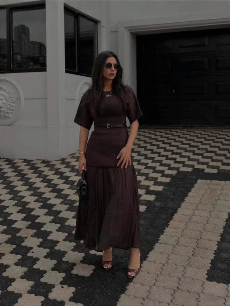 Frauen Elegante Halbarm O-Kragen Plissee Kleid Frühling Frau Hinten Zipper Spleißen Vintage Beiläufige Gestrickte Lange Kleid