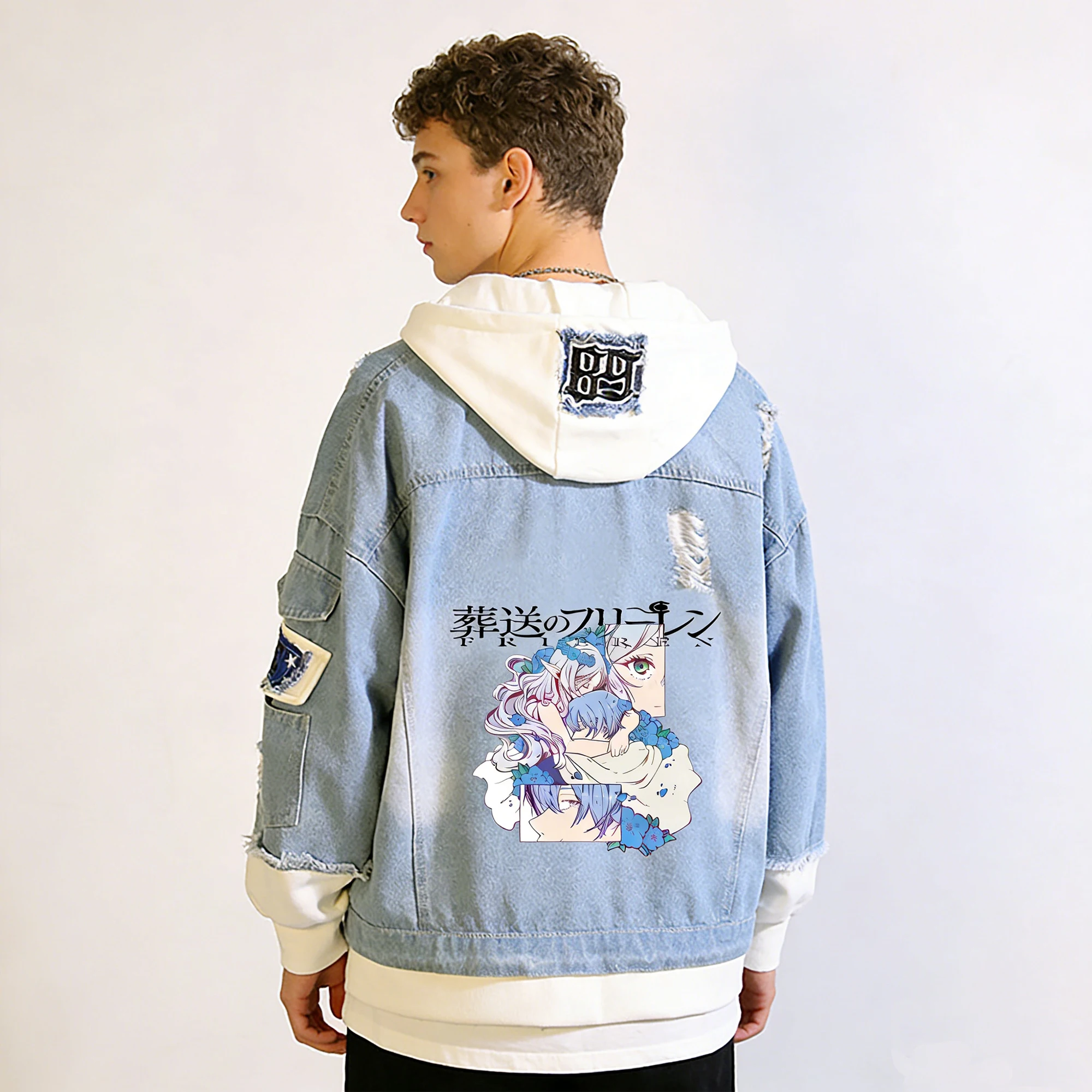 Cartoon Frieren Men Anime Hoodies Couple Denim Jackets Girls Sweatshirt Jeans Streetwear Harajuku Fake Two Pieces Loose Coats