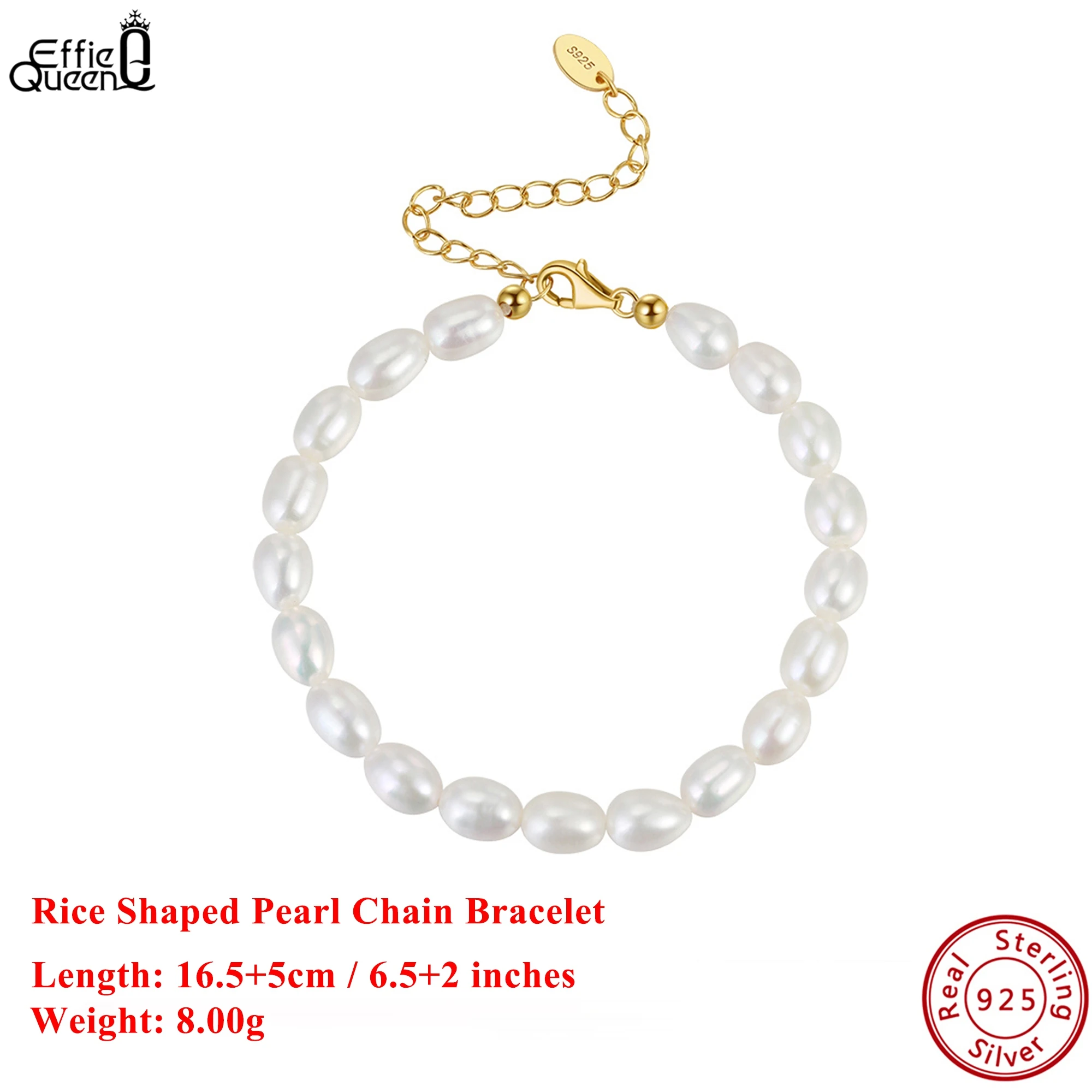 

EFFIE QUEEN браслет-цепочка из чистого серебра 925 пробы с жемчугом в форме риса, пляжные украшения для женщин, летний пляжный отдых, подарок GPB11