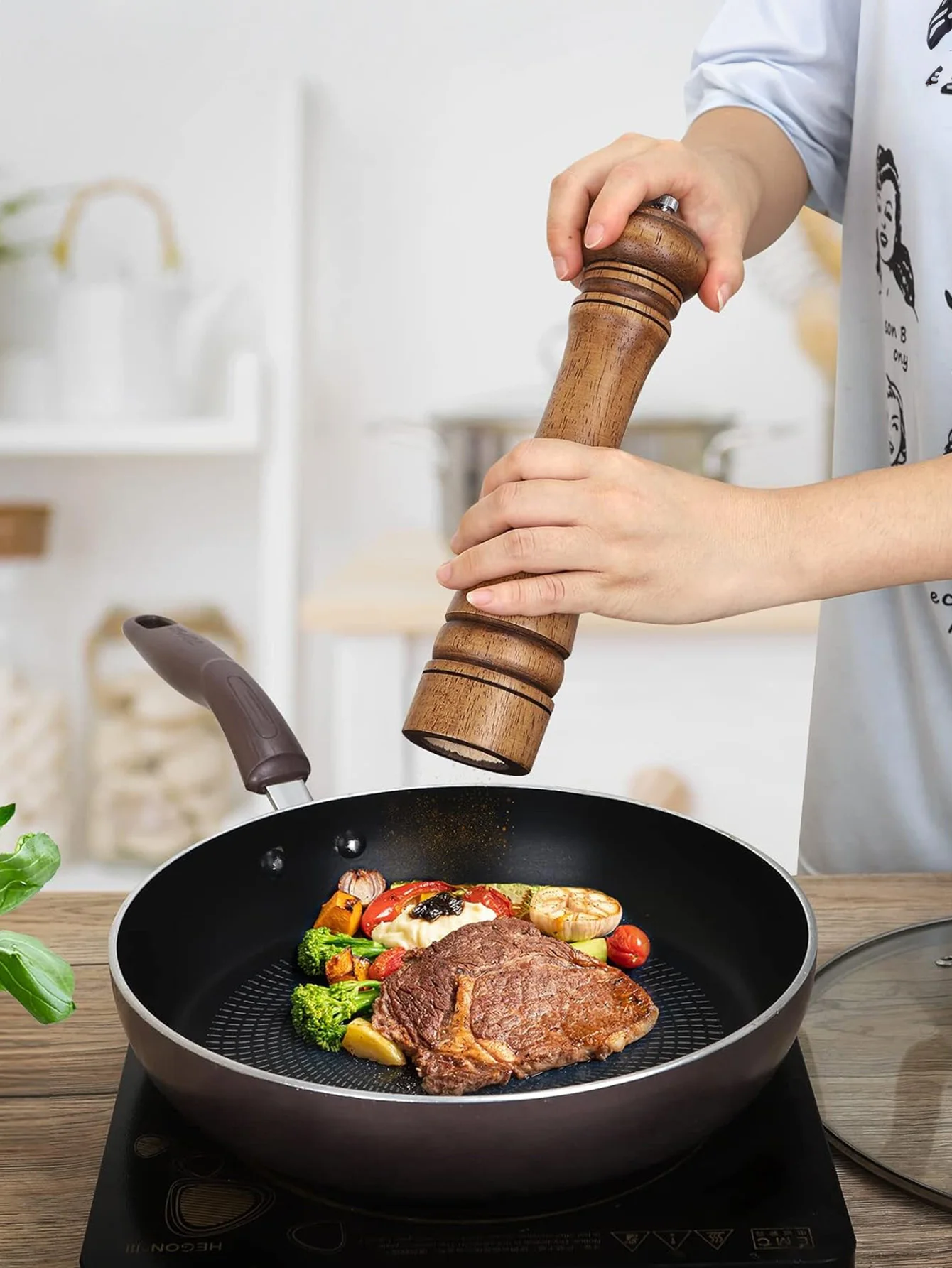 8-10 Inch Wood Pepper Grinder Salt Mill Pepper Shaker with Adjustable Ceramic Rotor Oak Wood Pepper Mill for Kitchen