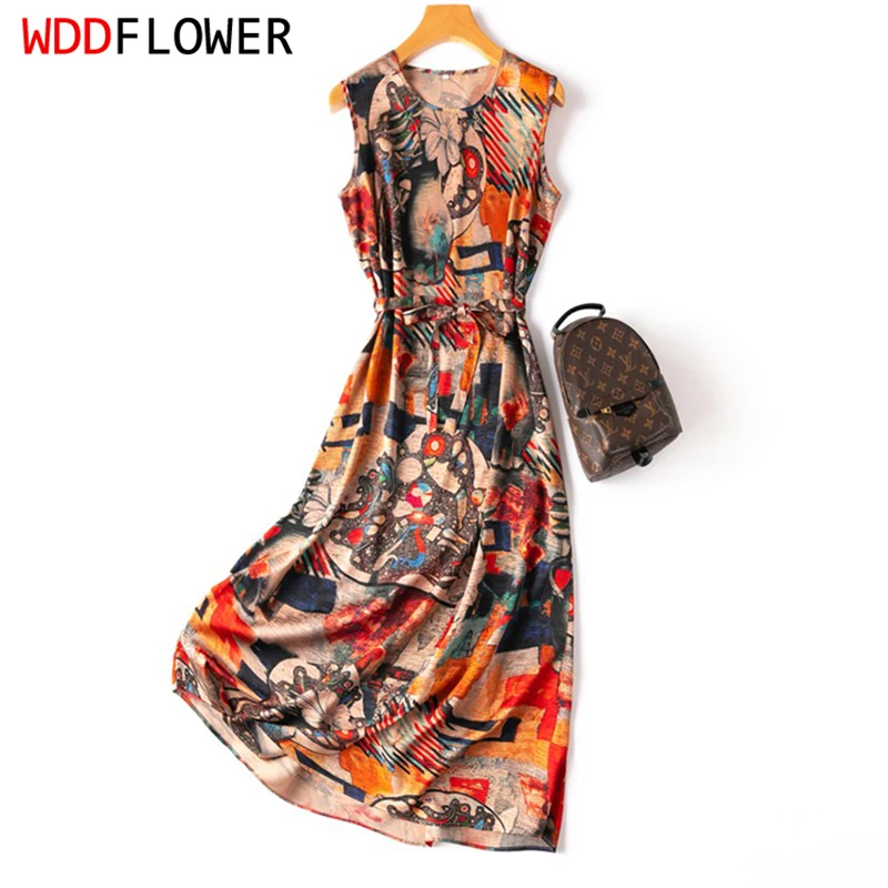 Women Silk Dress 92% Mulberry Silk 8% Spandex 20 Momme Colorful Printed Sleeveless Tank Dress O neck Luxury Midi Dress M1162