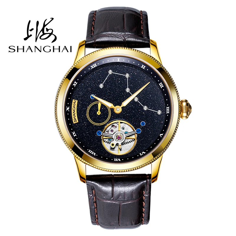 

Shanghai Tourbillon Watch Men's Mechanical Watch Manual Winding Mechanical Watch Genuine Leather Strap Calendar Sapphire Watch