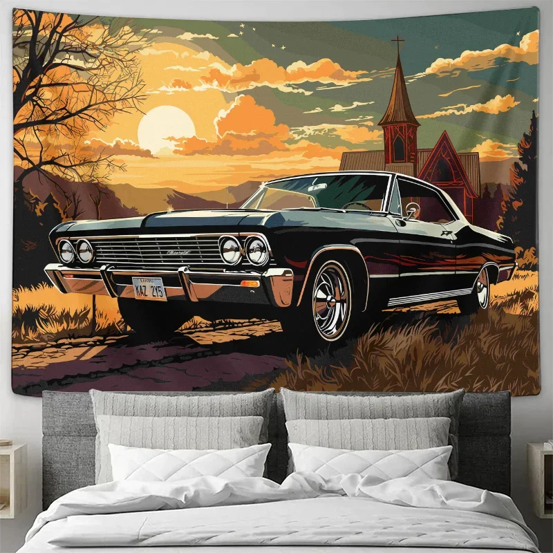 Vintage Classic American Muscle Car Mural Tapestry - Nostalgic Landscape Bedroom Decor
