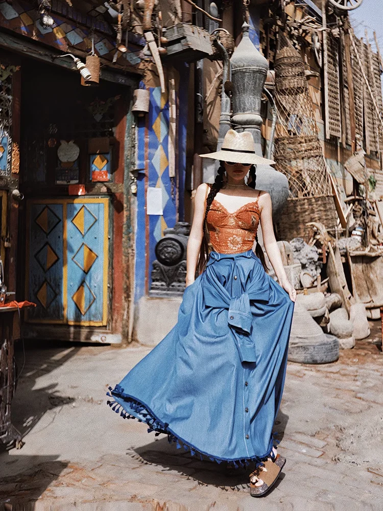 Free Shipping 2023 New Fashion Long Maxi Vintage A-Line Denim Women Deep Blue Jeans Tassels Single Breasted Big Hem Skirts