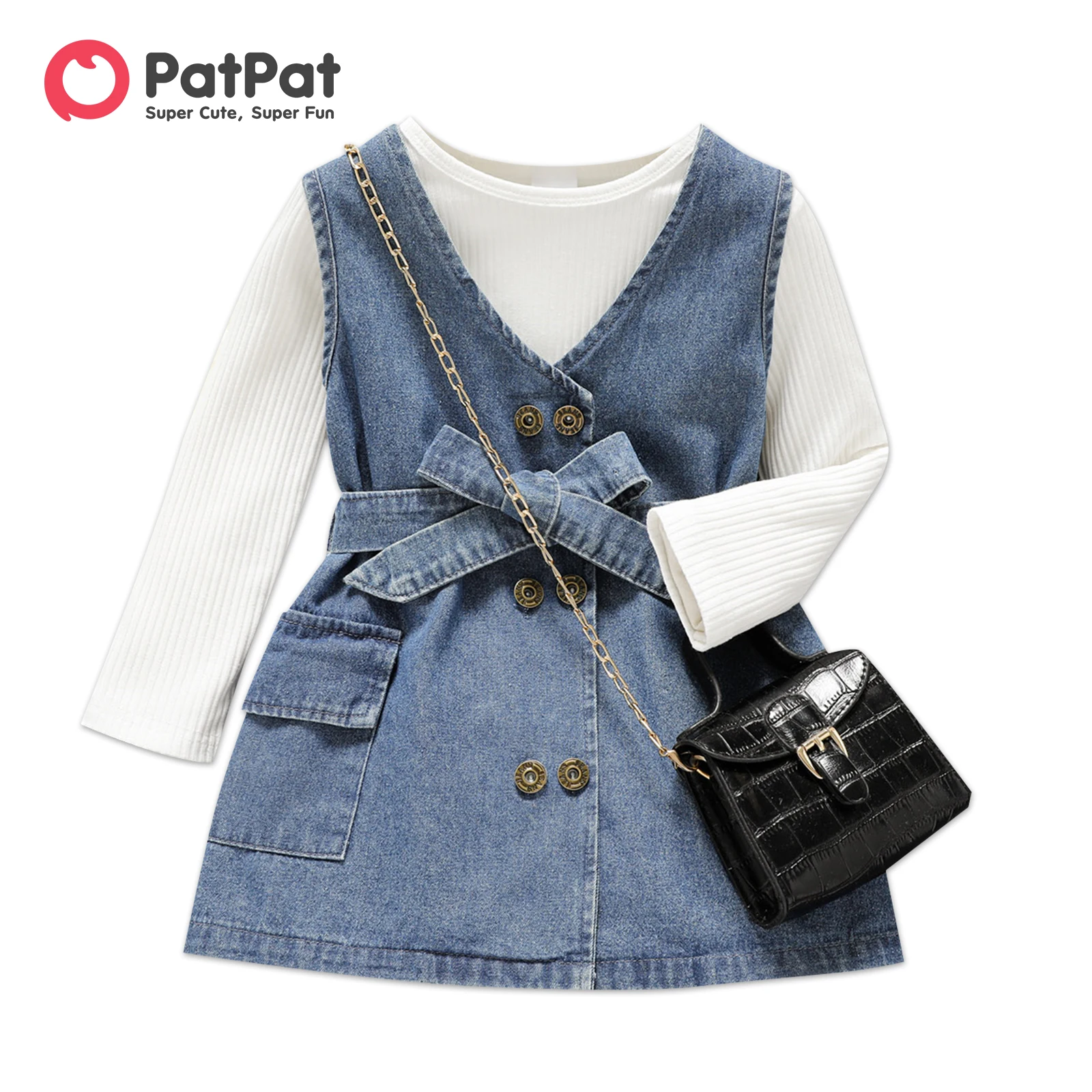 

PatPat 2pcs Toddler Girl Long-sleeve Ribbed White Tee and Button Design Belted Denim Dress Set