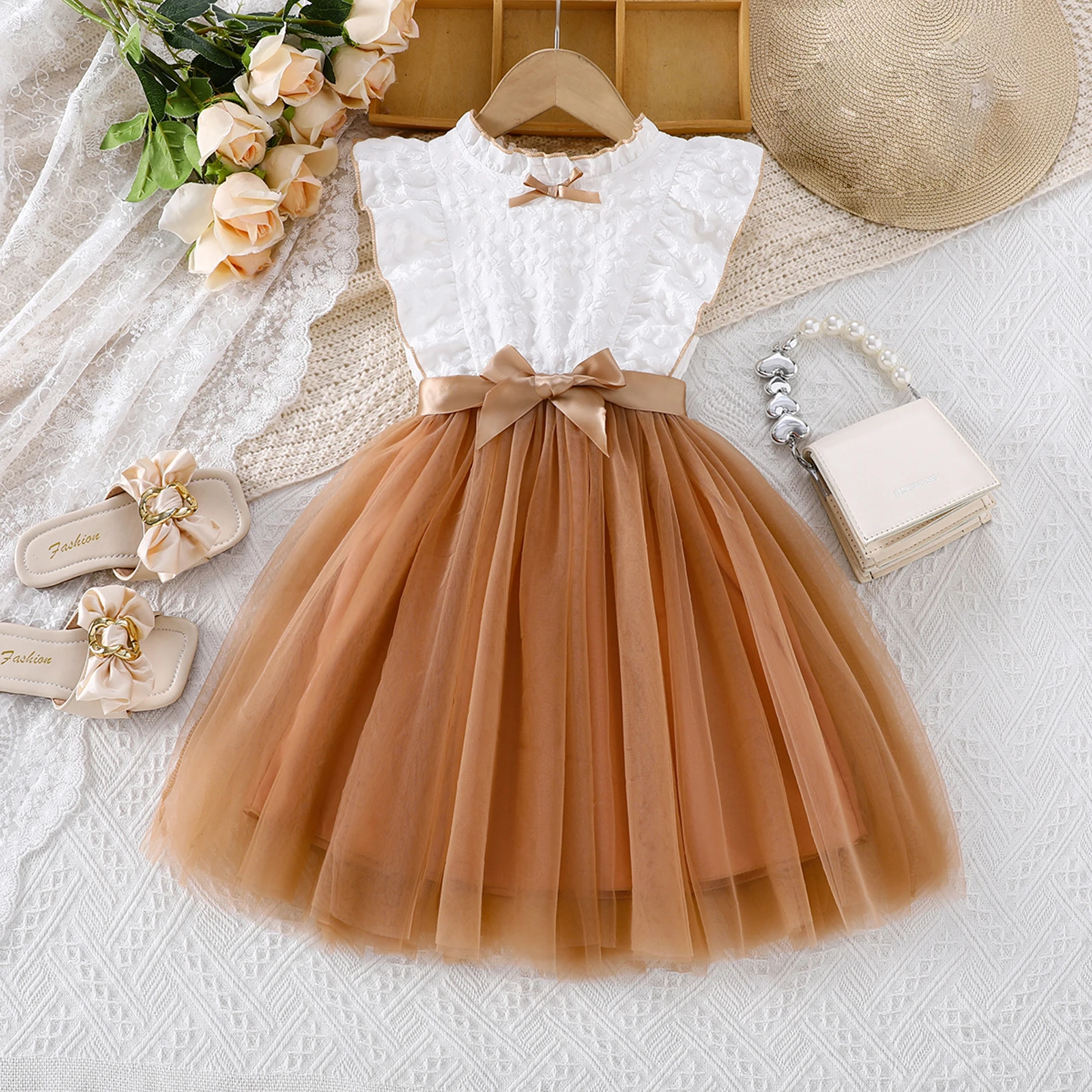 3-10Y Little Girls Princess Dresses Tulle Patchwork Sleeveless Mock Neck A Line Dress with Satin Bow Belt