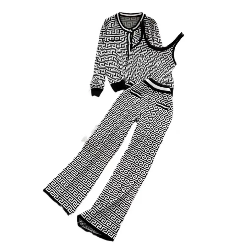 

Women's Three-Piece Fashionable Set round Neck Jacquard Knit Cardigan Vest High-Waisted Slimming Straight-Leg Wide-Leg Pants